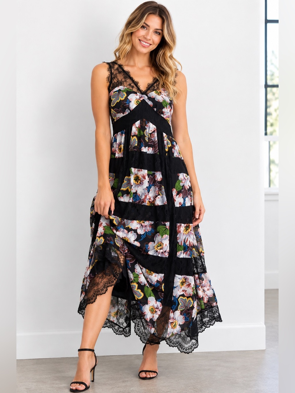 Anthropologie Kasandra V-neck Tiered Floral Black Lace Maxi Dress Boho Bright